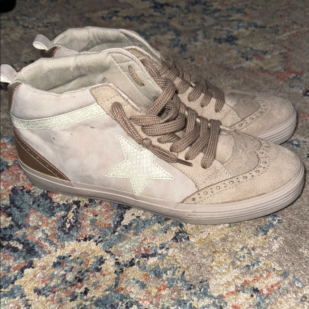 ShuShop Beige and Brown High-Top Sneakers